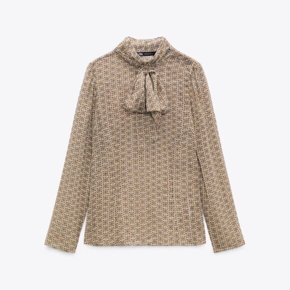 New ZARA WOMEN'S PRINTED SHIRT WITH TIE - Picture 6 of 9